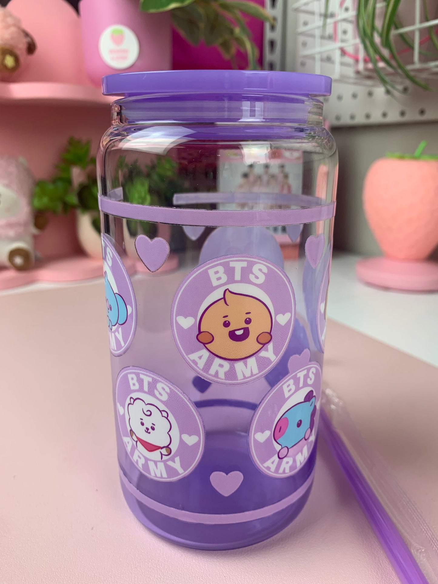 LMTD QTY NEW ADORABLE BT21 Purple glass Star bux style 16 oz BTS