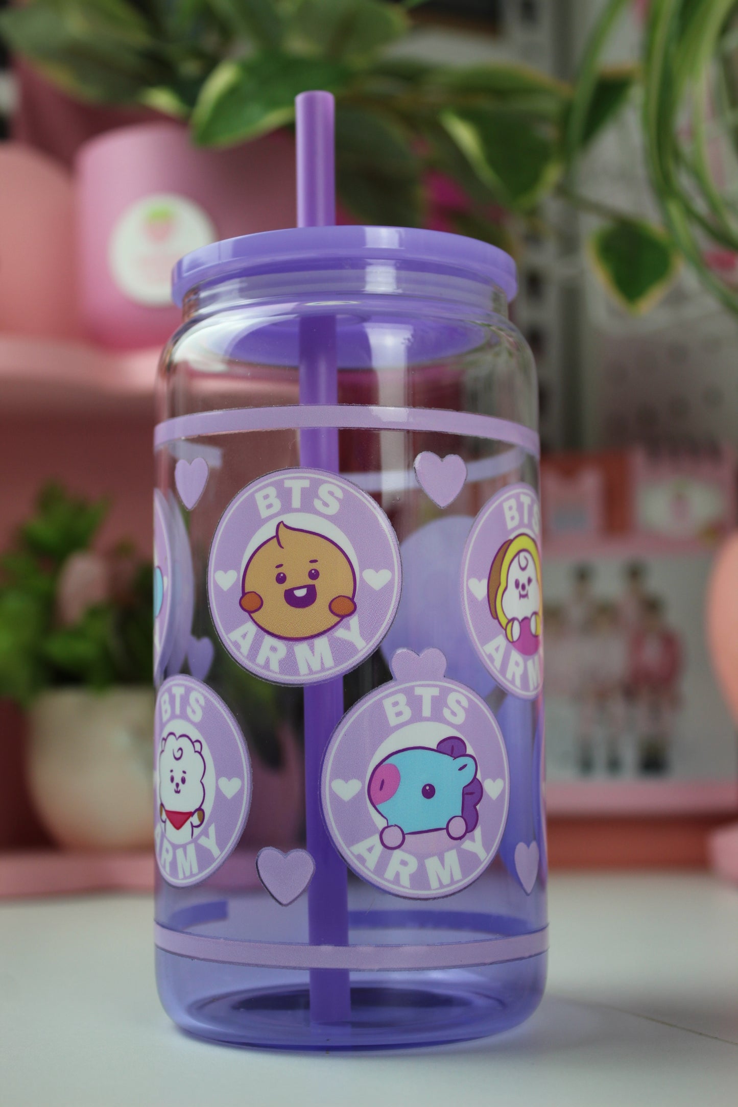 LMTD QTY NEW ADORABLE BT21 Purple glass Star bux style 16 oz BTS