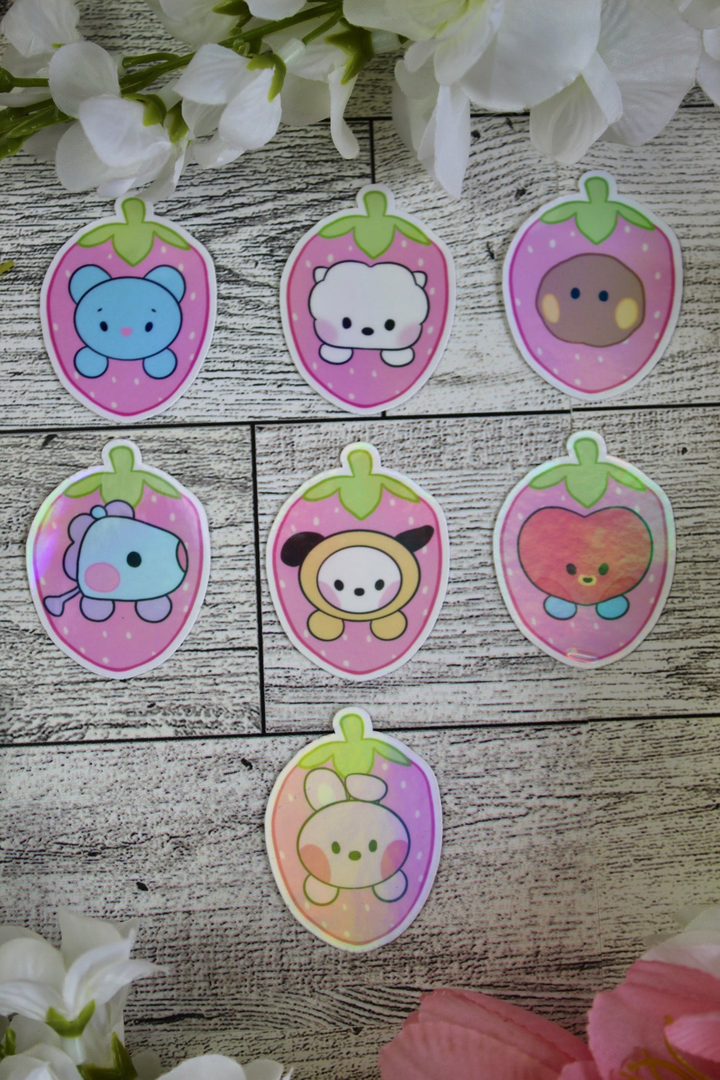 NEW!! Pink Strawberry Babies Collection BTS BT21 Inspired Holographic finish Stickers super cute