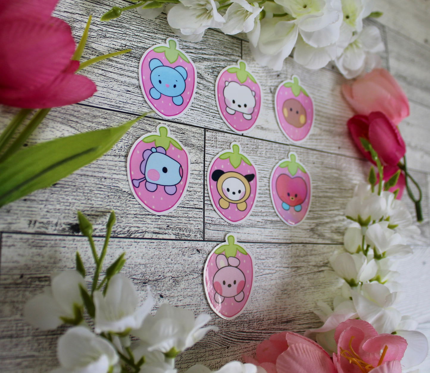 NEW!! Pink Strawberry Babies Collection BTS BT21 Inspired Holographic finish Stickers super cute