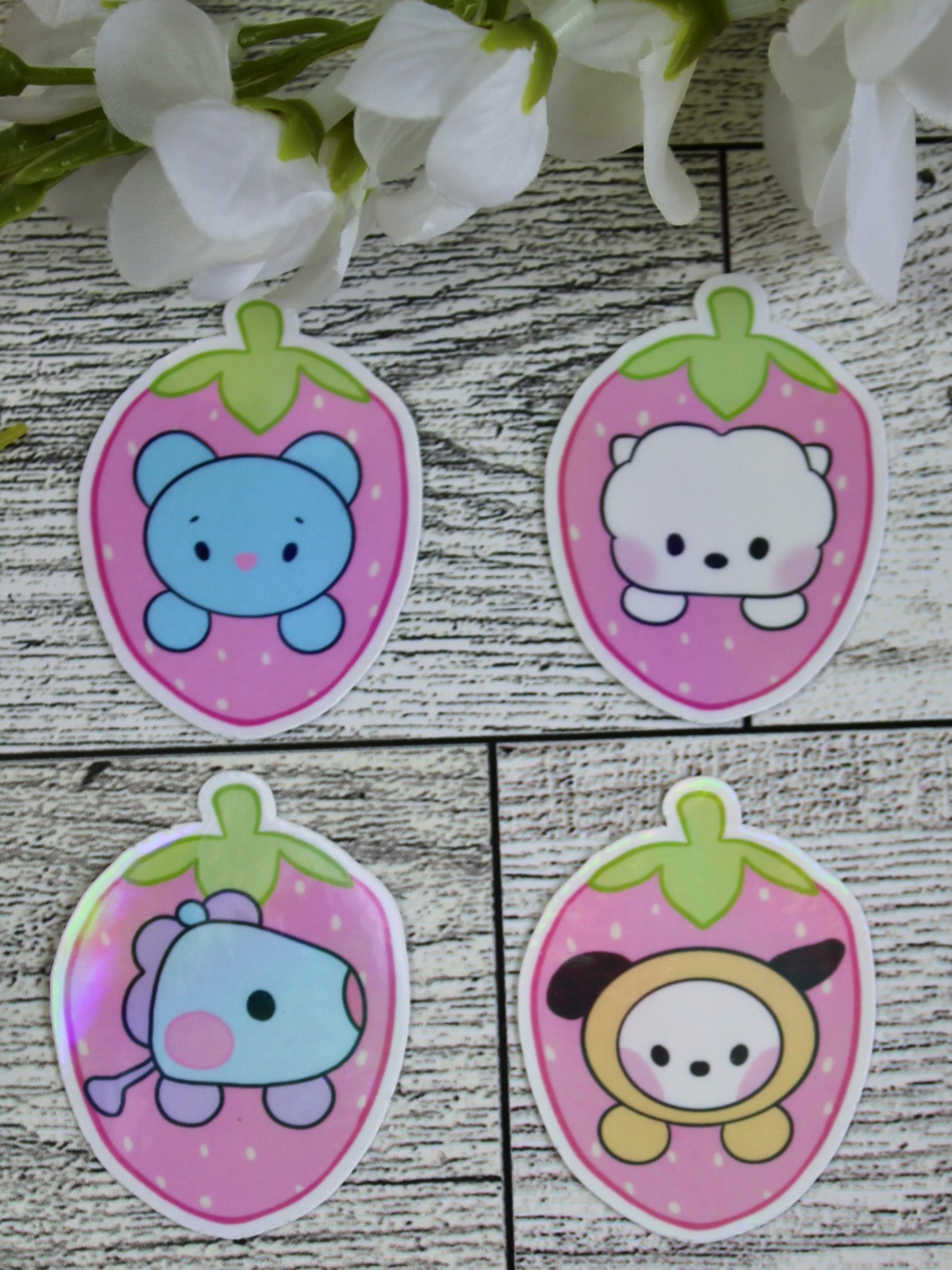 NEW!! Pink Strawberry Babies Collection BTS BT21 Inspired Holographic finish Stickers super cute