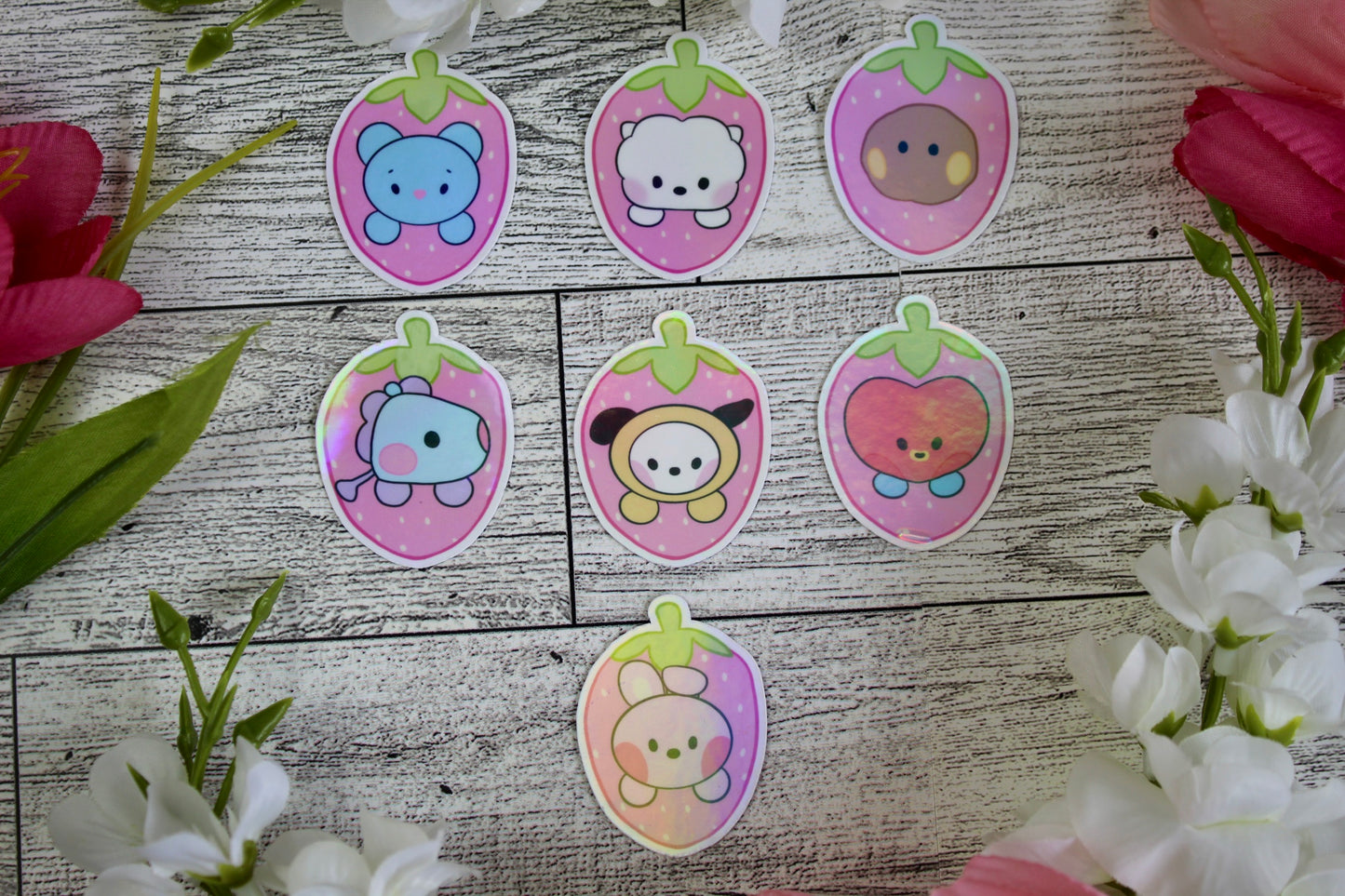 NEW!! Pink Strawberry Babies Collection BTS BT21 Inspired Holographic finish Stickers super cute