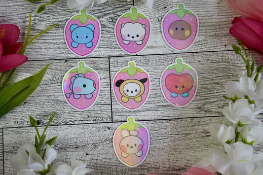 NEW!! Pink Strawberry Babies Collection BTS BT21 Inspired Holographic finish Stickers super cute