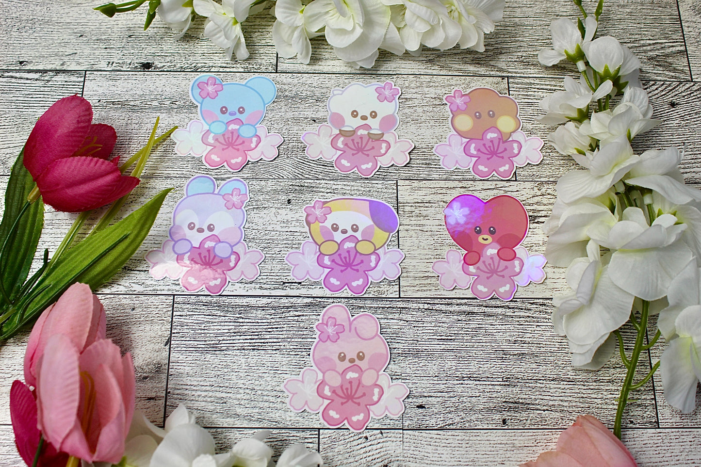 NEW!! Pink SAKURA Cherry Blossom Collection BTS BT21 Inspired Holographic finish Stickers