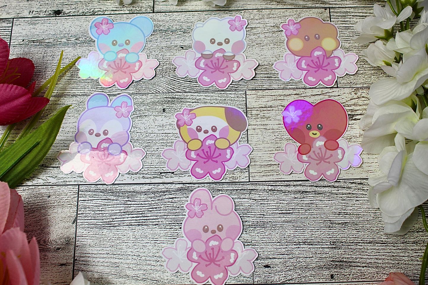 NEW!! Pink SAKURA Cherry Blossom Collection BTS BT21 Inspired Holographic finish Stickers