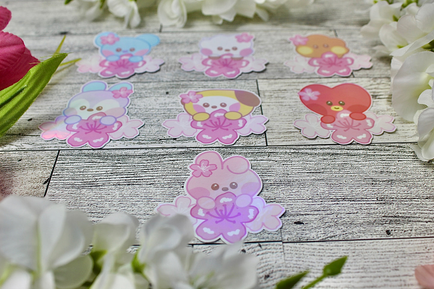 NEW!! Pink SAKURA Cherry Blossom Collection BTS BT21 Inspired Holographic finish Stickers