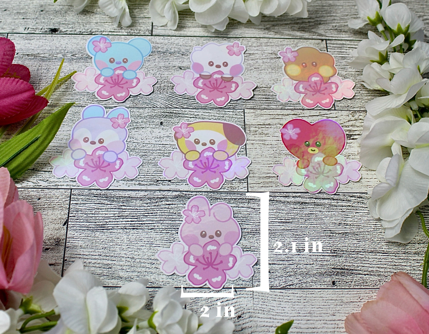 NEW!! Pink SAKURA Cherry Blossom Collection BTS BT21 Inspired Holographic finish Stickers